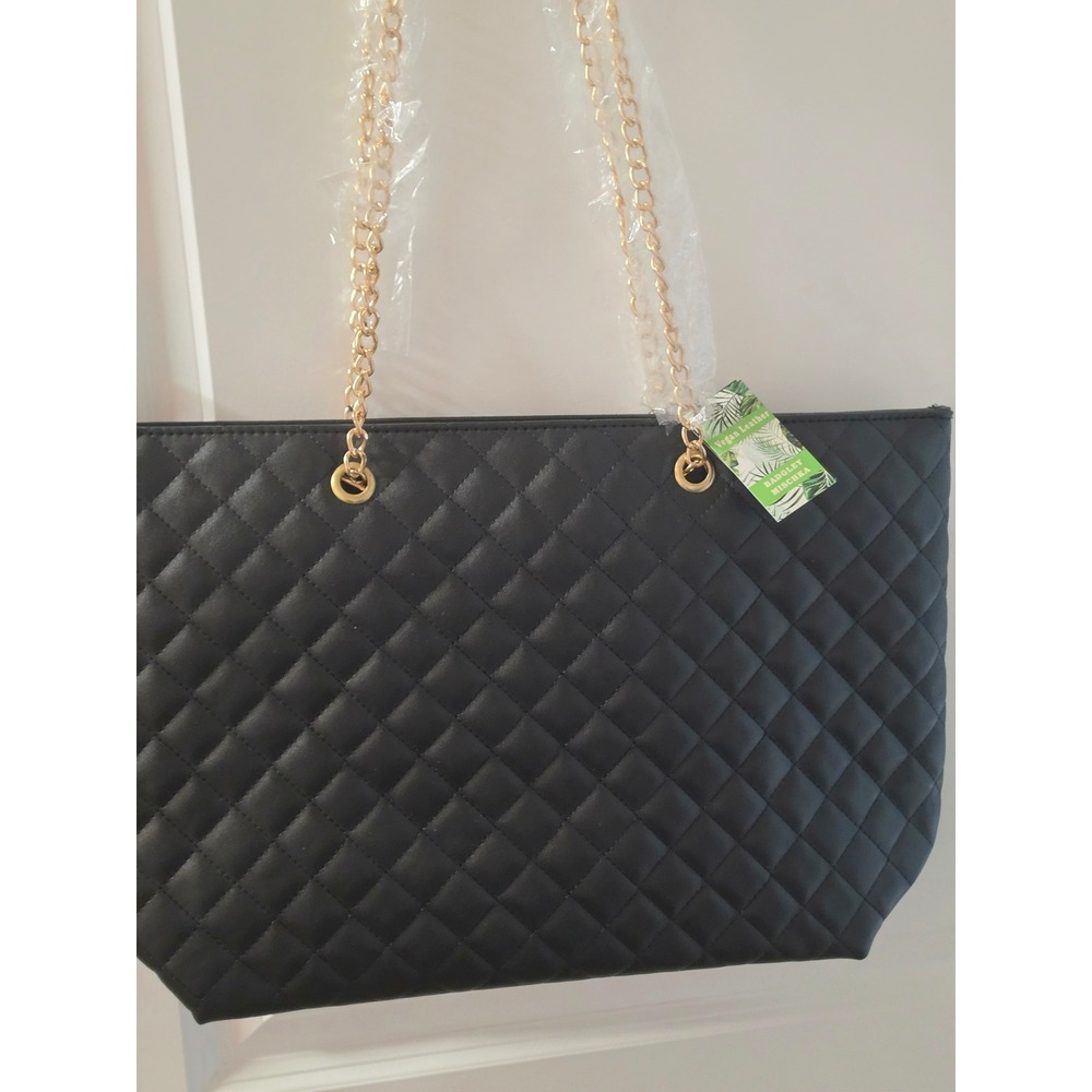 Badgley Mischka Black Quilted Vegan Leather Chain Strap Tote Bag BMH-108 NEW - Picture 3 of 7